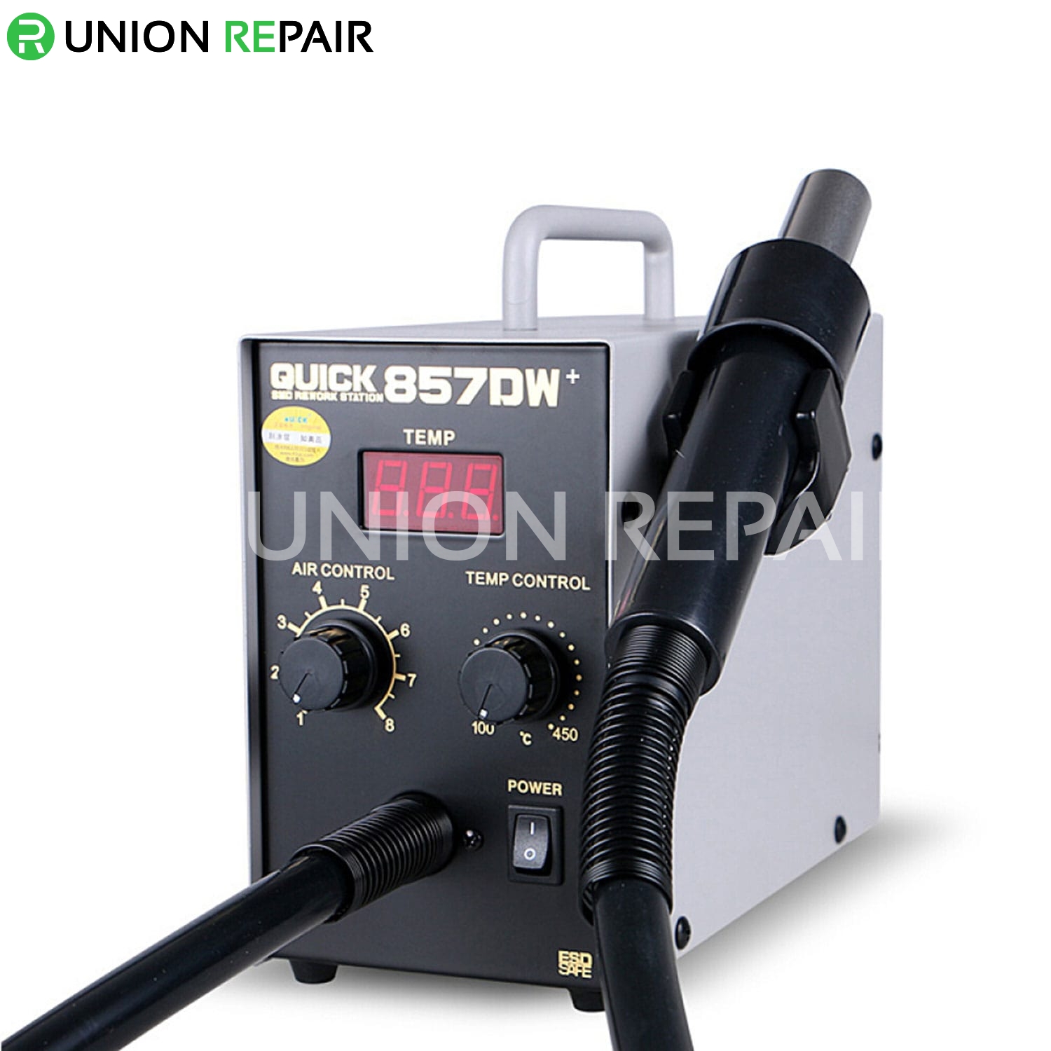 QUICK 857DW+ Lead Free Adjustable Hot Air Heat Gun With Helical Wind Rework Soldering Station 220V